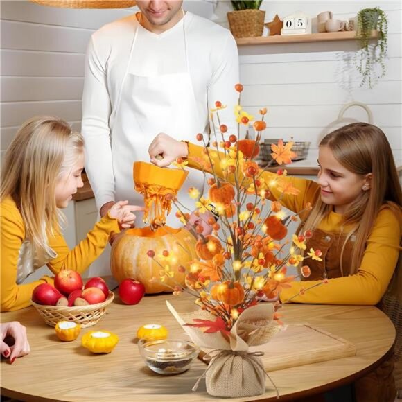 Fall Decor, 18 Inch Artificial Red Berry Maple Leaf Pumpkin Tree Tabletop - Picture 5 of 7